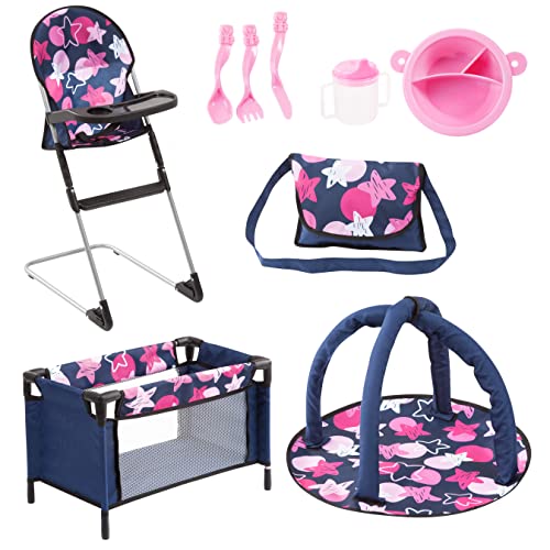 Bayer Design 61769AB Puppen Set 9 in 1 mit Reisebett, Tasche, Spielbogen, Hochstuhl, Plastik Geschirr, Puppenzubehör, blau, pink, sterne von Bayer Design