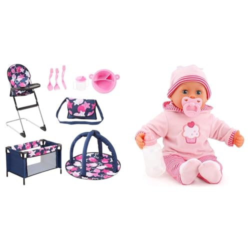 Bayer Design 61769AB Puppen Set 9 in 1 mit Reisebett & Babypuppe First Words mit Schlafaugen, spricht 24 Babylaute, mit Schnuller und Flasche, 38 cm von Bayer Design