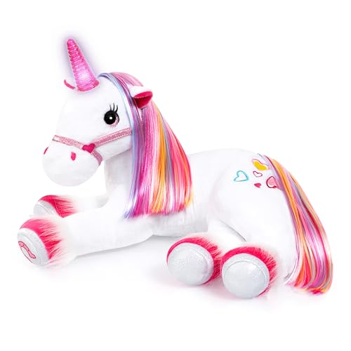 Bayer Design 69536AA Plüsch Einhorn mit Licht, Sound, Funktion, Stofftier, Kuscheltier, Regenbogen Haare, Weiß von Bayer Design