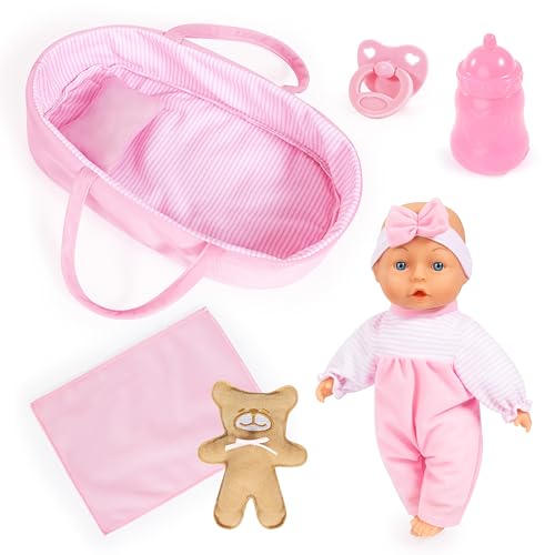 Bayer Design 92866AR Babypuppe, weicher Körper, 28 cm, Puppentragetasche, Decke, Kissen, Schnuller, Flasche, Teddy, Rosa von Bayer Design