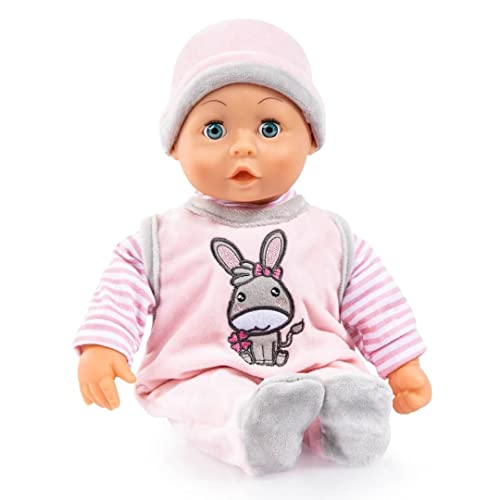 Bayer Design 93800AQ Puppe Sweet Baby, weicher Körper, schließt die Augen, mit Flasche und Schnuller, Eselmotiv, 38cm Rosa mit Esel von Bayer Design