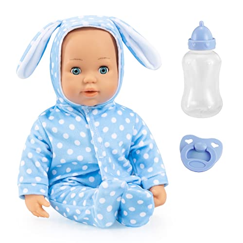 Bayer Design 93822AD Babypuppe Anna, spricht 24 Babylaute, weicher Körper, Schlafaugen, Schnuller, Flasche, 38 cm, blau von Bayer Design