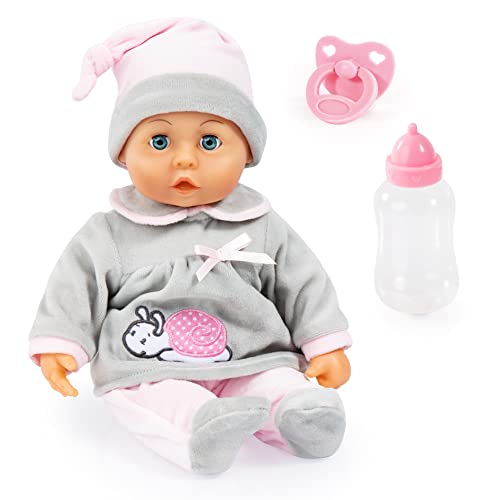 Bayer Design 93824BC Babypuppe interaktiv, Spielpuppe sprechend, weicher Körper, Schnuller, Flasche, 38 cm, Grau, Rosa von Bayer Design