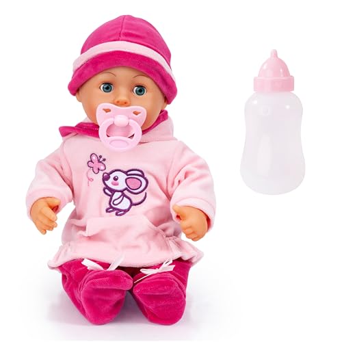 Bayer Design 93824BD Babypuppe interaktiv, Spielpuppe sprechend, weicher Körper, Schnuller, Flasche, 38 cm, Rosa von Bayer Design