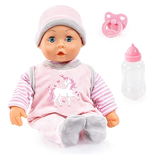 Bayer Design 93824CF Baby Puppe mit Geräuschen, weicher Körper, Spielpuppe 38 cm, Puppenzubehör, Rosa, Grau von Bayer Design