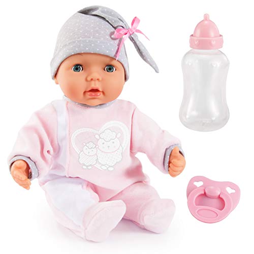 Bayer Design 93829AA My Piccolina Interactive Puppe mit Funktion, sprechend, Babypuppe bewegt den Mund, 38 cm, Schnuller, Flasche, Rosa, Grau von Bayer Design