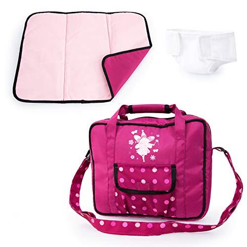 Bayer Design 69267AB Puppenzubehör, Puppenpflege Set, Wickelset für Puppen, Zubehör für Babypuppen mit Wickeltasche, Wickelunterlage, genähte Windel, Bordeaux, rosa, gepunktet mit fee von Bayer Design