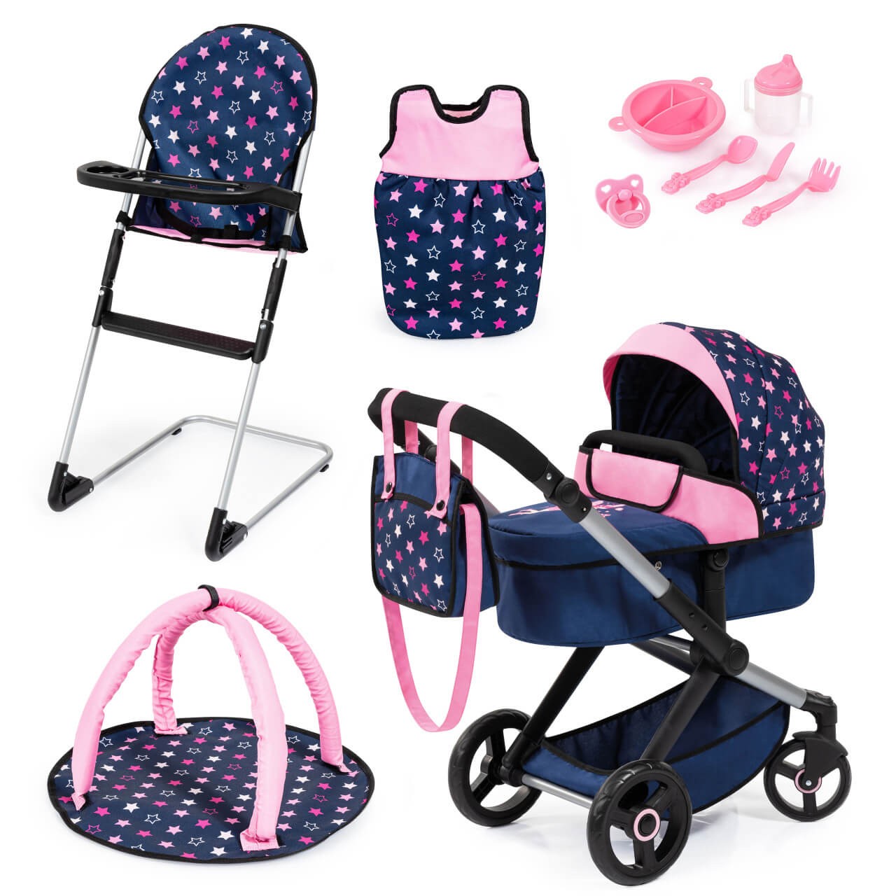 Kombi-Puppenwagen Xeo Deluxe Set, blau/rosa- für kleine Puppeneltern von Bayer Design