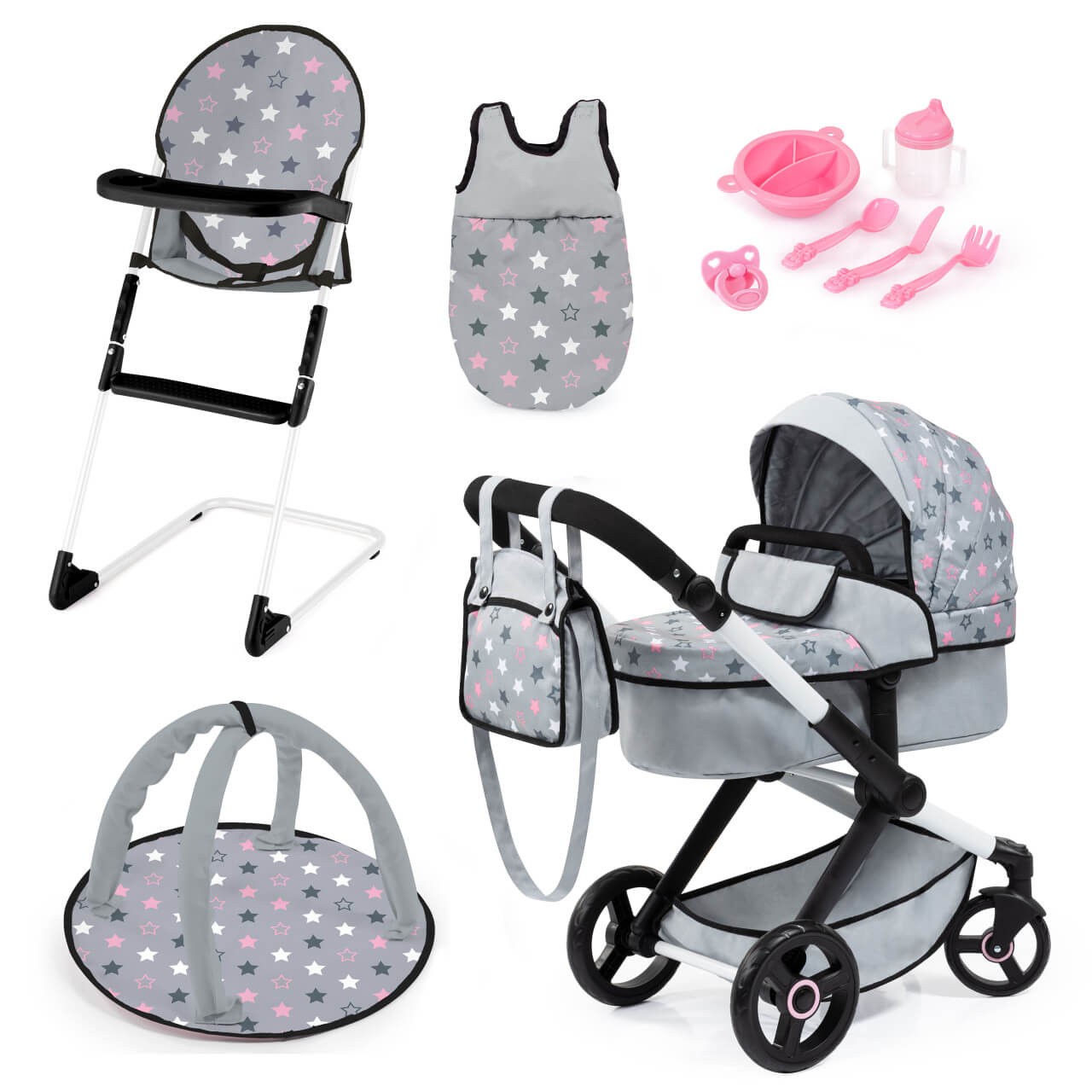 Kombi-Puppenwagen Xeo Deluxe Set, grau - für kleine Puppeneltern von Bayer Design