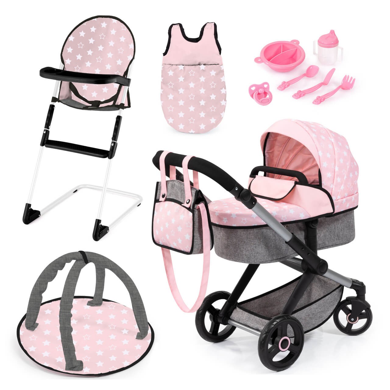 Kombi-Puppenwagen Xeo Deluxe Set, rosa/grau - für kleine Puppeneltern von Bayer Design