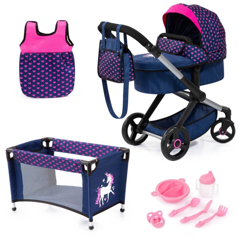 Kombi-Puppenwagen Xeo Mega Set, Einhorn- für kleine Puppeneltern von Bayer Design