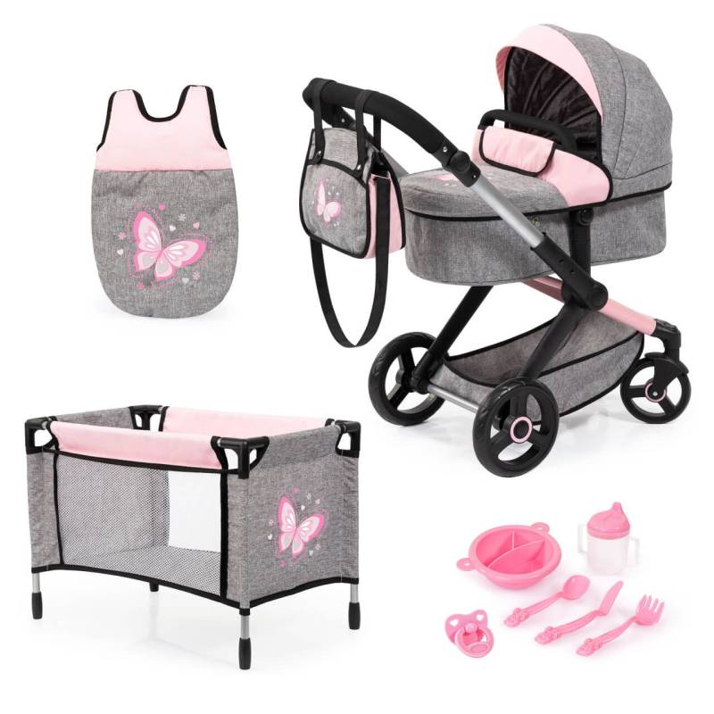 Kombi-Puppenwagen Xeo Mega Set, Schmetterling - für kleine Puppeneltern von Bayer Design