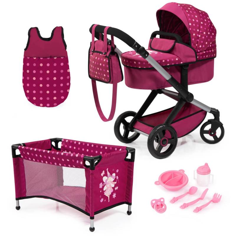 Kombi-Puppenwagen Xeo Mega Set, bordeauxrot mit Fee- für kleine Puppeneltern von Bayer Design