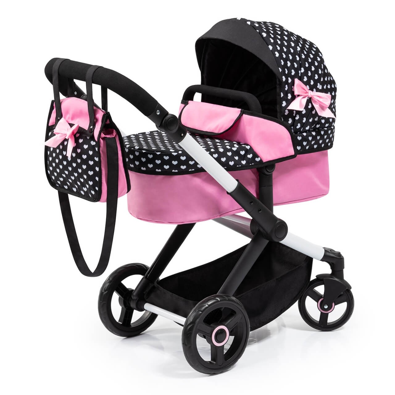 Kombi-Puppenwagen Xeo schwarz/rosa mit Herzen von Bayer Design