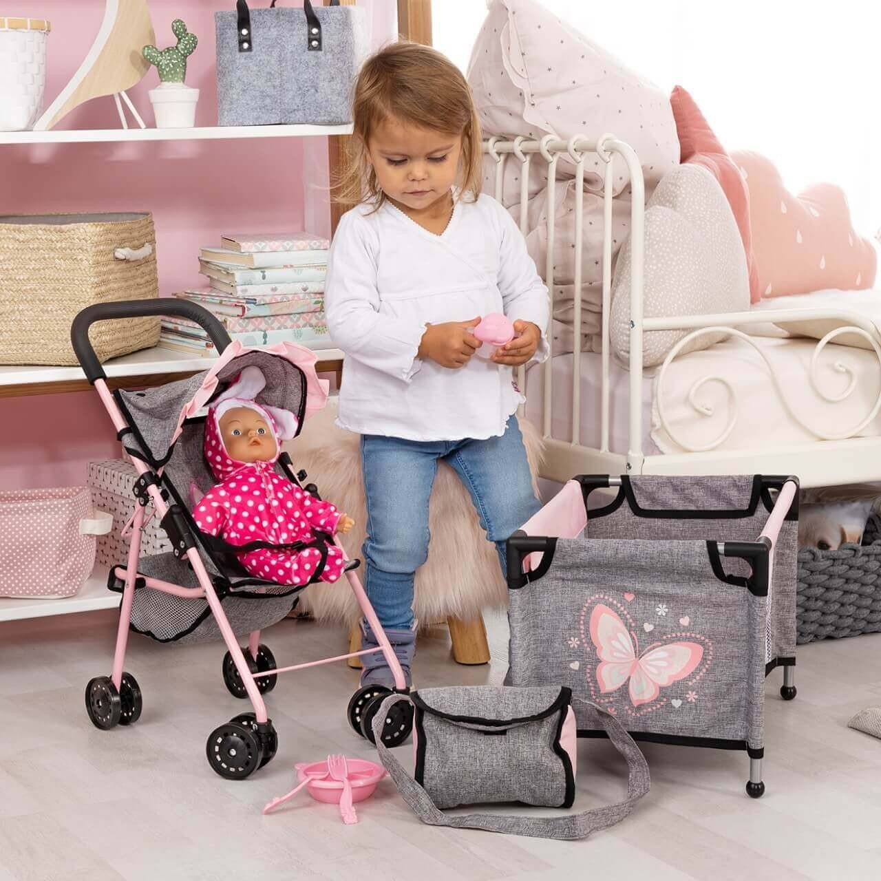 Puppen-Buggy Set mit Reisebett und Zubehör grau/rosa - Puppenwagen von Bayer Design