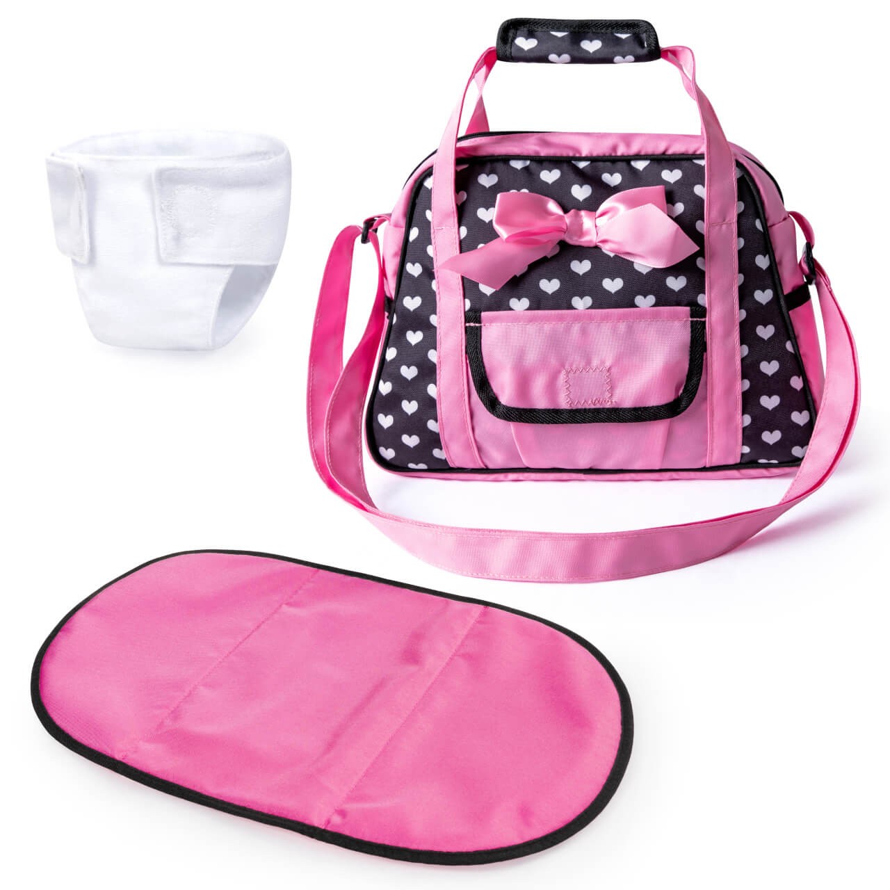 Puppen-Pflegetasche schwarz/rosa, Wickeltasche für Puppeneltern von Bayer Design