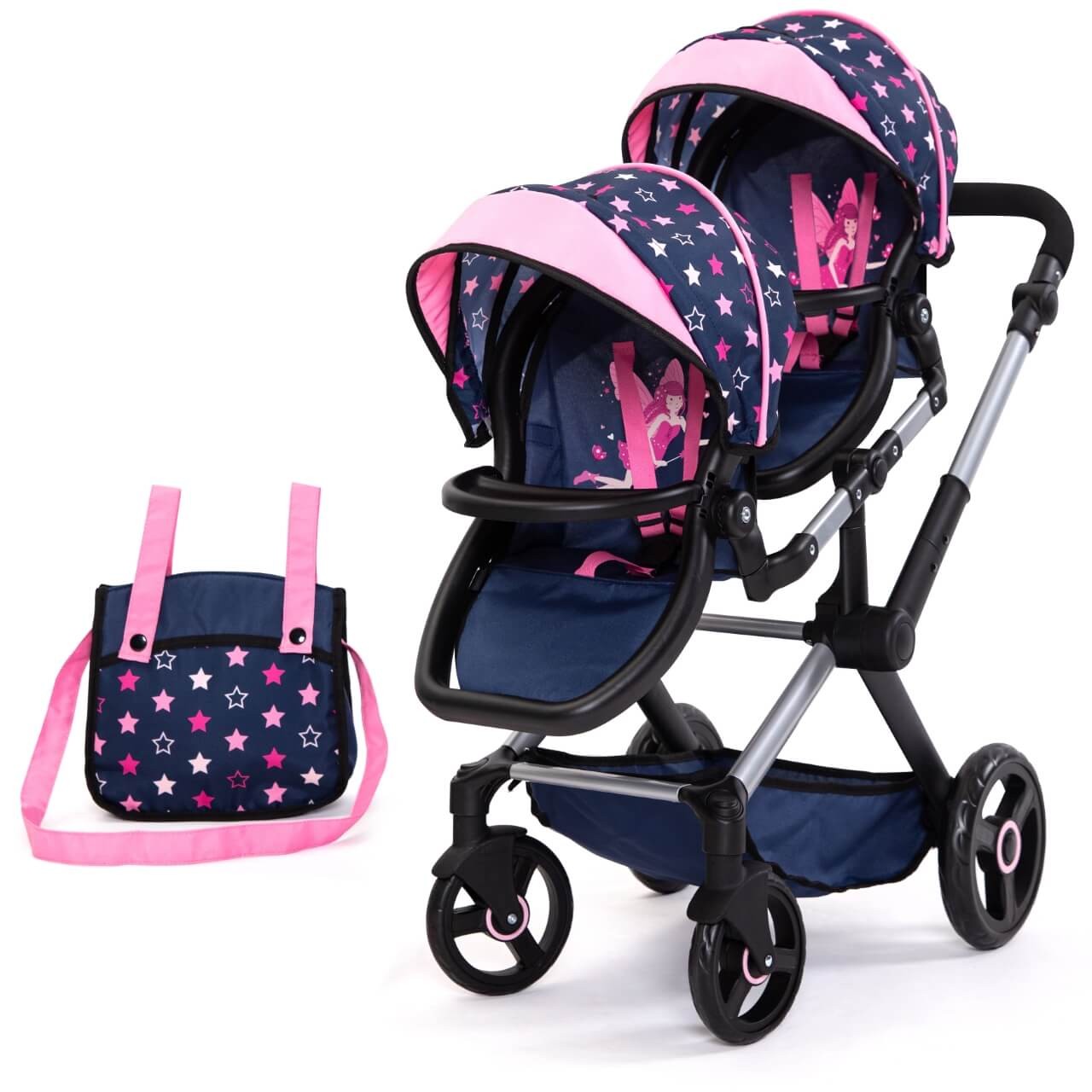 Zwillingspuppenwagen Xeo Twin blau/rosa mit Fee - Puppenwagen von Bayer Design