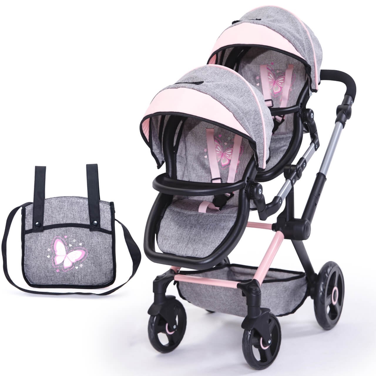 Zwillingspuppenwagen Xeo Twin grau/rosa - Puppenwagen von Bayer Design