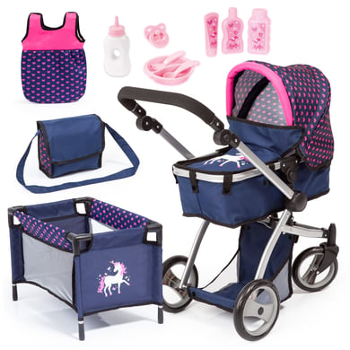 bayer Design Kombi-Puppenwagen Mega Set, blau mit Herzen und Einhorn von Bayer