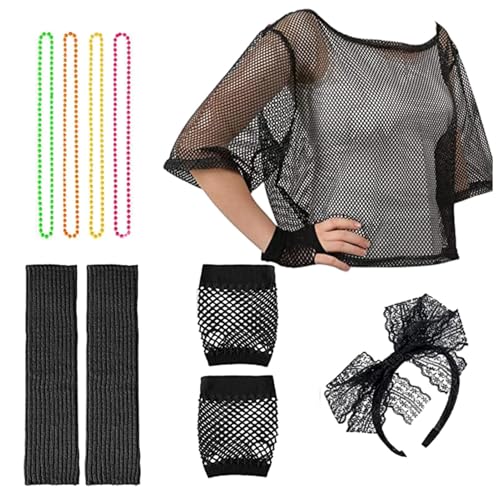 Bbbabeslk Bunte Halsketten – 80er-Jahre Accessoires für Mädchen, Fischnetz-Kostüme, Retro-Motto-Party-Outfits, Neon-T-Shirt, Kostüm-Zubehör, Zubehör-Set für Party von Bbbabeslk