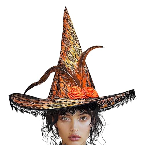 Bbbabeslk Halloween-Hexenhut, Zauberer-Kostüm, Erwachsenenhut mit Spitzenkrempe für Halloween, Hexen-Cosplay-Kostüm-Zubehör für Halloween-Gastgeschenk von Bbbabeslk