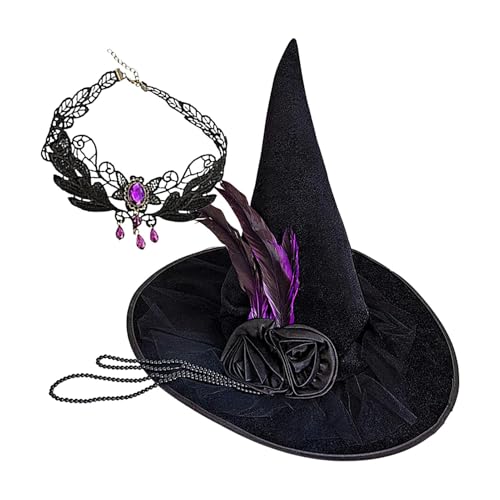 Bbbabeslk Halloween-Hexenhut – Halloween-Hut, Cosplay-Hut, spitzer Hut mit Edelstein-Halskette, Federhüte, Zaubererhut für Damen, Teenager, Mädchen von Bbbabeslk