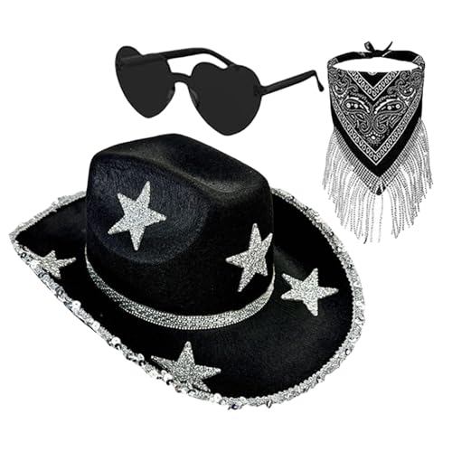 Disco Cowboyhut – Cowgirl-Hut mit Strasssteinen, 3 x Glitzer-Cowboyhut, Strass-Stern-Bandana, Halloween-Party-Kostüm, glitzernder Cowgirl-Hut für Disco, Cosplay-Zubehör-Set für Damen und Herren von Bbbabeslk