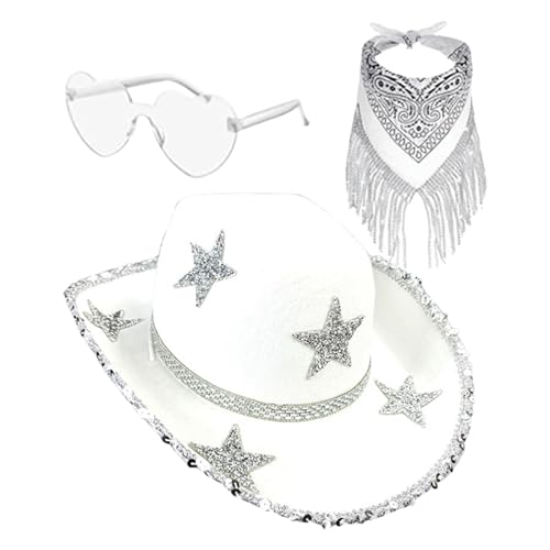 Disco Cowboyhut – Cowgirl-Hut mit Strasssteinen, 3 x Glitzer-Cowboyhut, Strass-Stern-Bandana, Halloween-Party-Kostüm, glitzernder Cowgirl-Hut für Disco, Cosplay-Zubehör-Set für Damen und Herren von Bbbabeslk