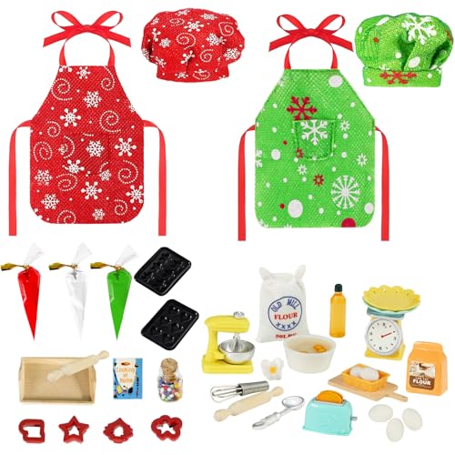 Bbiamsleep 41-teiliges Weihnachtselfenzubehör; Elfen-Kochzubehör; inklusive Bäcker-Outfit, Mini-Backrequisiten, Mini-Elfen-Backzubehör für Weihnachtselfen, Kleidung, Zubehör, Dekorationen von Bbiamsleep