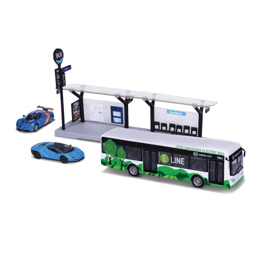 BBURAGO 1/64 öffentliche Verkehrsmittel – Playset City Bus + Station + 2 Fahrzeuge – Blau oder Grün von Bburago