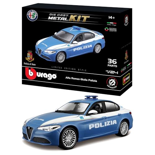 BBurago – Modell-Set Giulia Polizei – Realistisches Auto im Maßstab 1:24, offizielles Lizenzprodukt für Polizei und Alfa Romeo, Empfohlenes Alter 14+ Jahre von Bburago