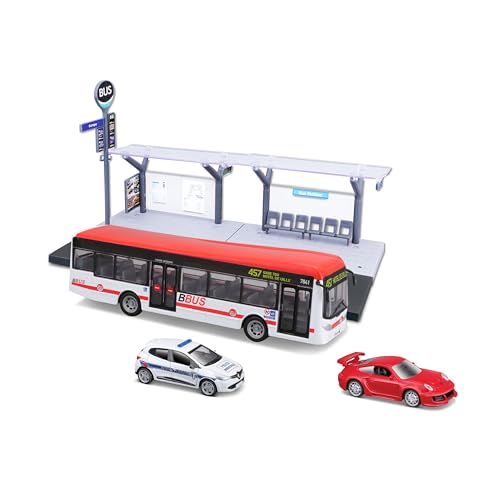 Bburago - 1/64 öffentliche Verkehrsmittel – Playset Bus/Straßenbahn + Station + 2 Fahrzeuge – 1/64. von Bburago