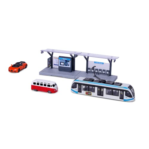 Bburago 1/64 öffentliche Verkehrsmittel – Playset City Tram + Station + 2 Fahrzeuge von Bburago