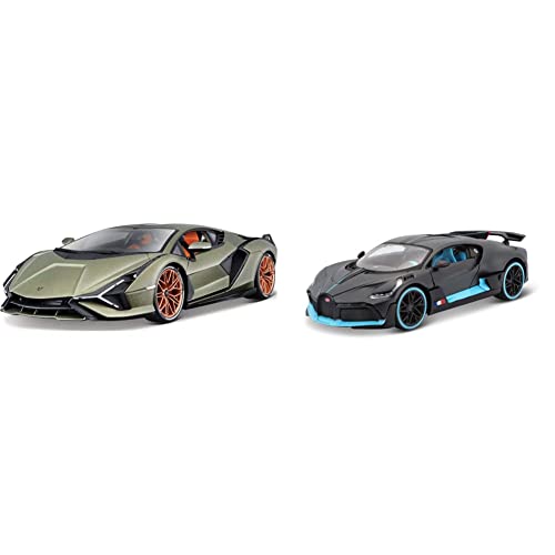 Bburago 1:24 - Lamborghini Sian FKP 37, Matt Grün & Maisto 31526-00000002 531526 Bugatti Divo Modellauto im Maßstab 1:24, dunkelgrau von Bburago