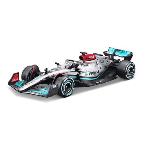 Bburago Mercedes AMG Petronas F1 Team W13 (2022): Modellauto im Maßstab 1:43, #63 George Russel, mit Fahrer, Hardcase, Silber (18-38066R) von Bburago