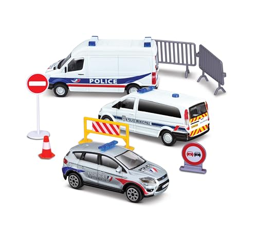 Bburago - 1:43 Street Fire - Playset Intervention Emergency - Street Fire Intervention Playsets bestehend aus 9 Teilen: 3 Metallfahrzeuge Feuerwehrmann oder Polizei im Maßstab 1:43 von Bburago