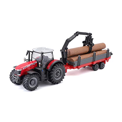 Bburago B18-31659 Massey FERGUSSON 8740S Traktor mit Holzanhänger, 10 cm, Rot von Bburago