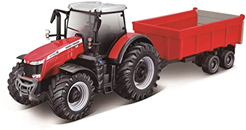 Bburago Massey Ferguson 8740S Traktor mit Anhänger, 10 cm, Rot von Bburago