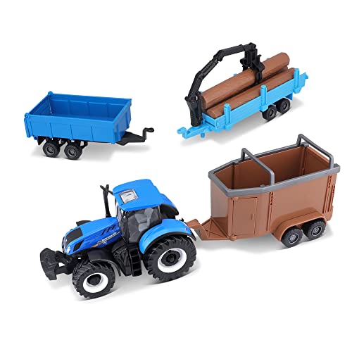 Bburago Die-Cast New Holland Farm-Traktor mit 3 Anhängern – Replik Sammlerstück Modell Spielzeug, Blau von Bburago