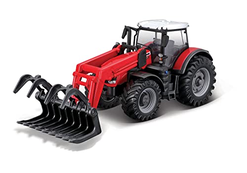 Bburago Massey FERGUSSON 8740S Traktor aus Druckguss mit funktionierendem Frontlader und Greifer – Nachbildung eines Sammlerspielzeugs im Maßstab 1:50 von Bburago