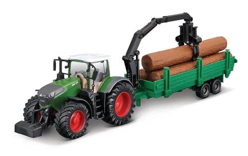 Bburago Traktor Fendt 1050 Vario mit Holztransporter: Spielzeugtraktor mit Schwungrad-Antrieb, beweglicher Holzgreifer, abnehmbare Fahrerkabine, ab 3 Jahren, grün (18-31677) von Bburago