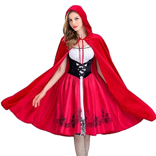 Bcowtte Damen Gothic Rotkäppchen Kostüm Kapuzenumhang Weihnachten Halloween Partykleid mit Umhang Erwachsene Rollenspiel Hohe Guality Schwarz + Rot + Weiß XL von Bcowtte