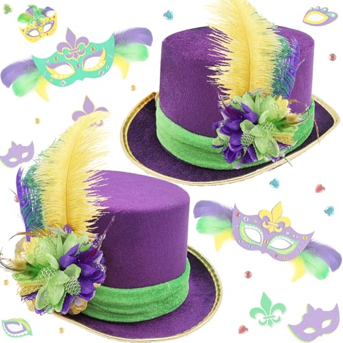 Bdecoll 2 Pack Mardi Gras Kostüm Huts mit Lila Grun Federn,Venezianische Masquerade Mardi Gras Hute für Maskerade-Party, Karneval von Bdecoll