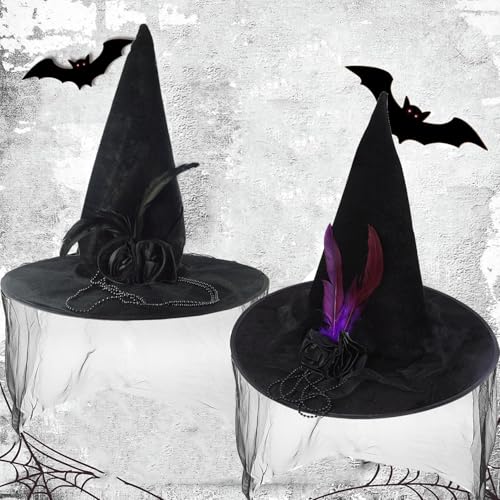 Bdecoll 2 Stück Halloween Frauen Hexenhut,45x45cm Gerüschter Hexen Hut mit Federn und Floral Zaubererhüte Wicked Witch Hat für Frauen Halloween Party Masquerade Cosplay Zubehör Kinder Erwachsene von Bdecoll