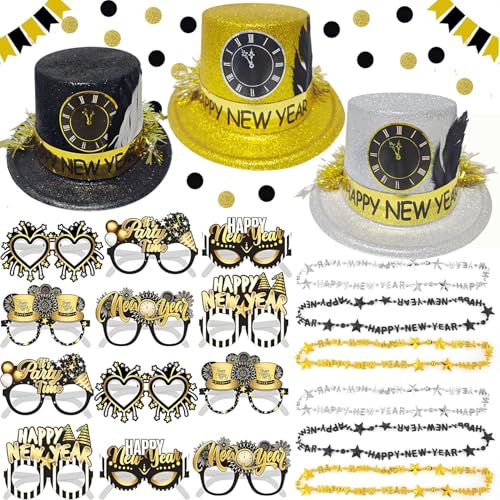 Bdecoll 21 Stück Silvester Deko 2025 Party Set,Glitzer Schwarz Gold Silber Neujahr Partyhüte,Silvester Brille,alsketten für Neujahrdeko 2025 Silvester Party Accessoire von Bdecoll