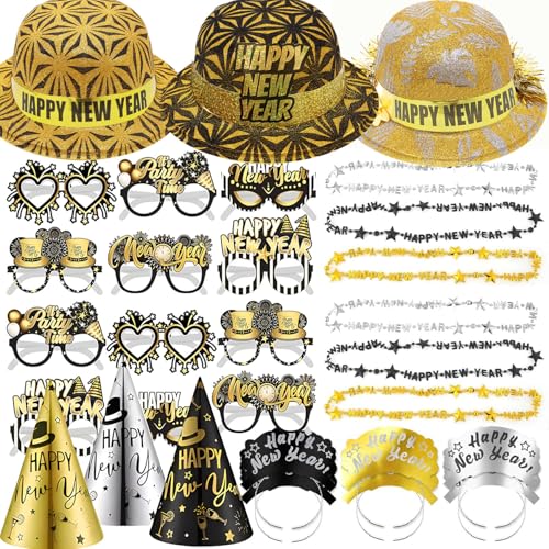 Bdecoll 33Stück Glitzer Silvester Deko 2025 Set,Happy New Year Haarreif Kopfschmuck Partyhüte Accessories - Frohes Neues Jahr - Neujahrsdeko - Dekoration zu Neujahr 2025 von Bdecoll