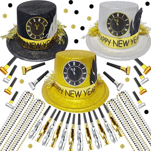 Bdecoll 39 Stück Silvester Deko 2025 Party Set,Glitzer Schwarz Gold Silber Neujahr Partyhüte,Squawkers,Partytröten,Necklace für Neujahrdeko 2025 Silvester Party Accessoire von Bdecoll