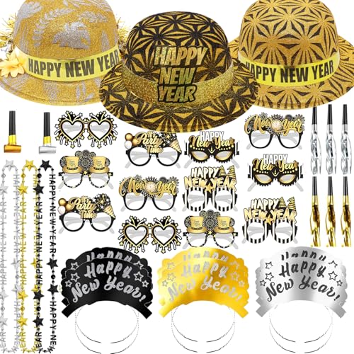 Bdecoll 42Stück Glitzer Silvester Deko 2025 Set,Happy New Year Haarreif Kopfschmuck Partyhüte Accessories - Frohes Neues Jahr - Neujahrsdeko - Dekoration zu Neujahr 2025 von Bdecoll