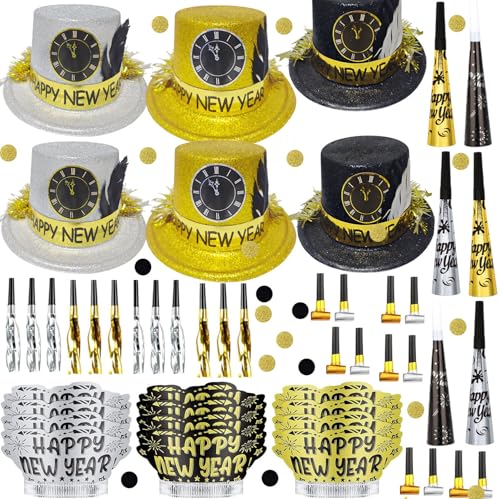 Bdecoll 48 Stück Silvester Deko 2025 Party Set,Glitzer Schwarz Gold Silber Neujahr Partyhüte,Squawkers,Partytröten,Haarreifen Silvester für Neujahrdeko 2025 Silvester Party Accessoire von Bdecoll