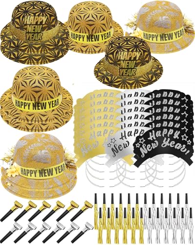 Bdecoll 60Stk Silvester Deko 2025 Neujahr Party Dekoration Set,6Stk Happy New Year Haarreif Silvester Partyhüte Accessories,18Stk Happy New Year Haarreifen Partytröten Silvester Happy New Year von Bdecoll